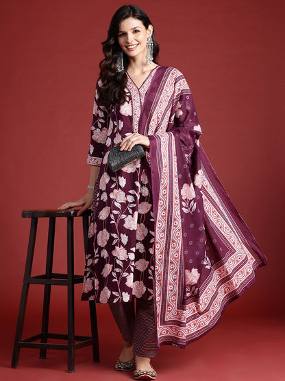 Floral Printed Pure Cotton Kurta With Trousers & Dupatta