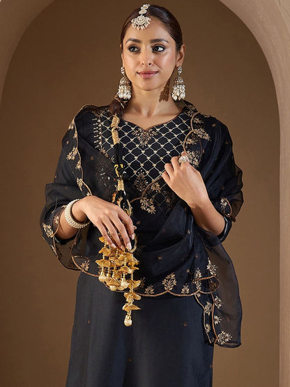 Dhiyona IE Women Embroidered Regular Liva Kurta with Trousers & With Dupatta