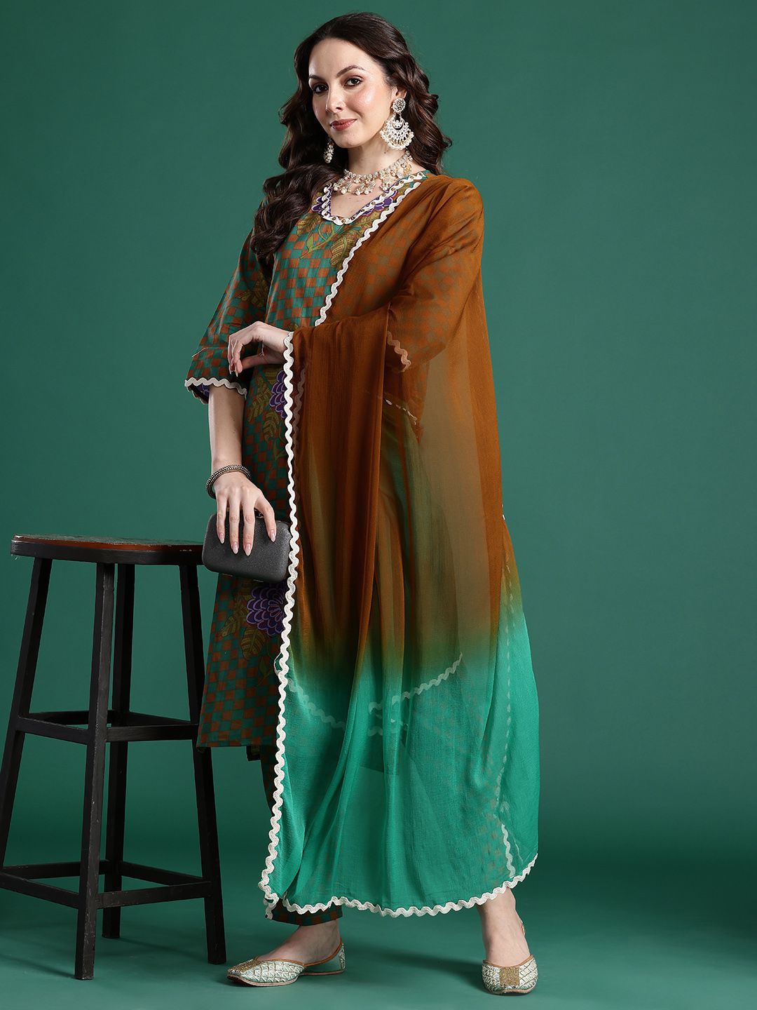 Dhiyona IE Printed Regular Beads and Stones Pure Cotton Kurta with Trousers & Dupatta