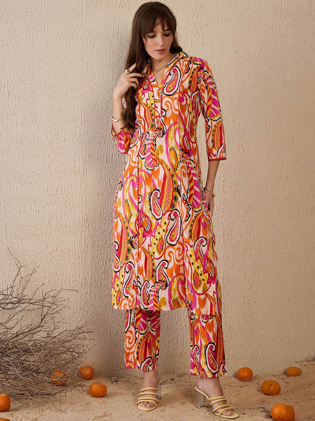 Dhiyona IE Women Printed Panelled Pure Cotton Kurta with Trousers