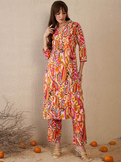 Dhiyona IE Women Printed Panelled Pure Cotton Kurta with Trousers