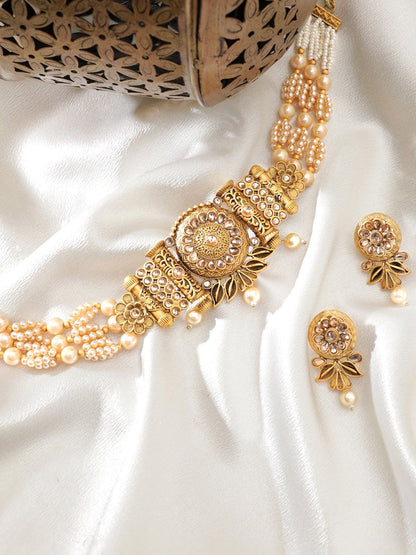 Dhiyona RJ Women's 22K Gold-Plated Pearl Beaded Multi-Strand Choker Set with Kundan & Floral Motifs