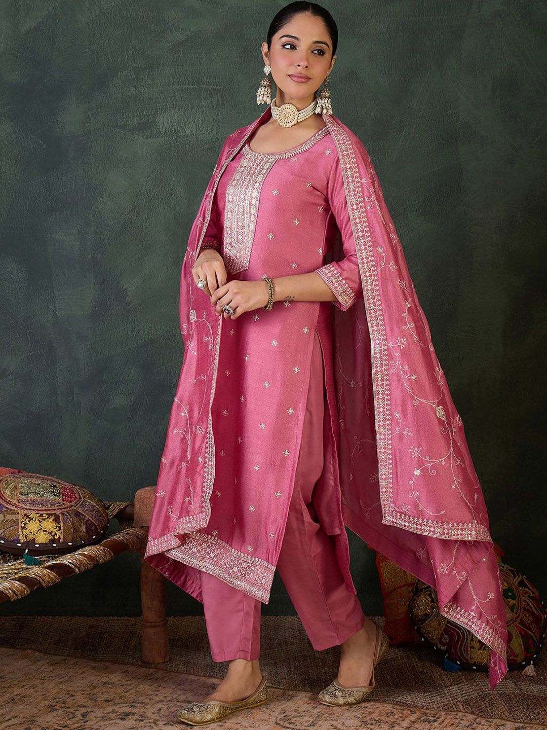 Women Ethnic Motifs Embroidered Regular Sequinned Kurta with Trousers & Dupatta