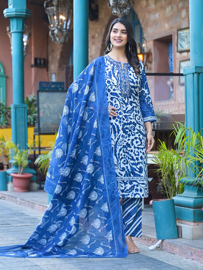 Dhiyona VA Women'sFloral Printed Notch Neck Straight Kurta With Trousers & Dupatta