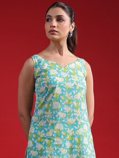 Dhiyona IE Floral Printed Sweetheart Neck Sleeveless Pure Cotton Straight Kurta
