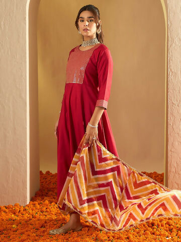 Women's Red Embroidered A-Line Kurta Trousers With Dupatta set