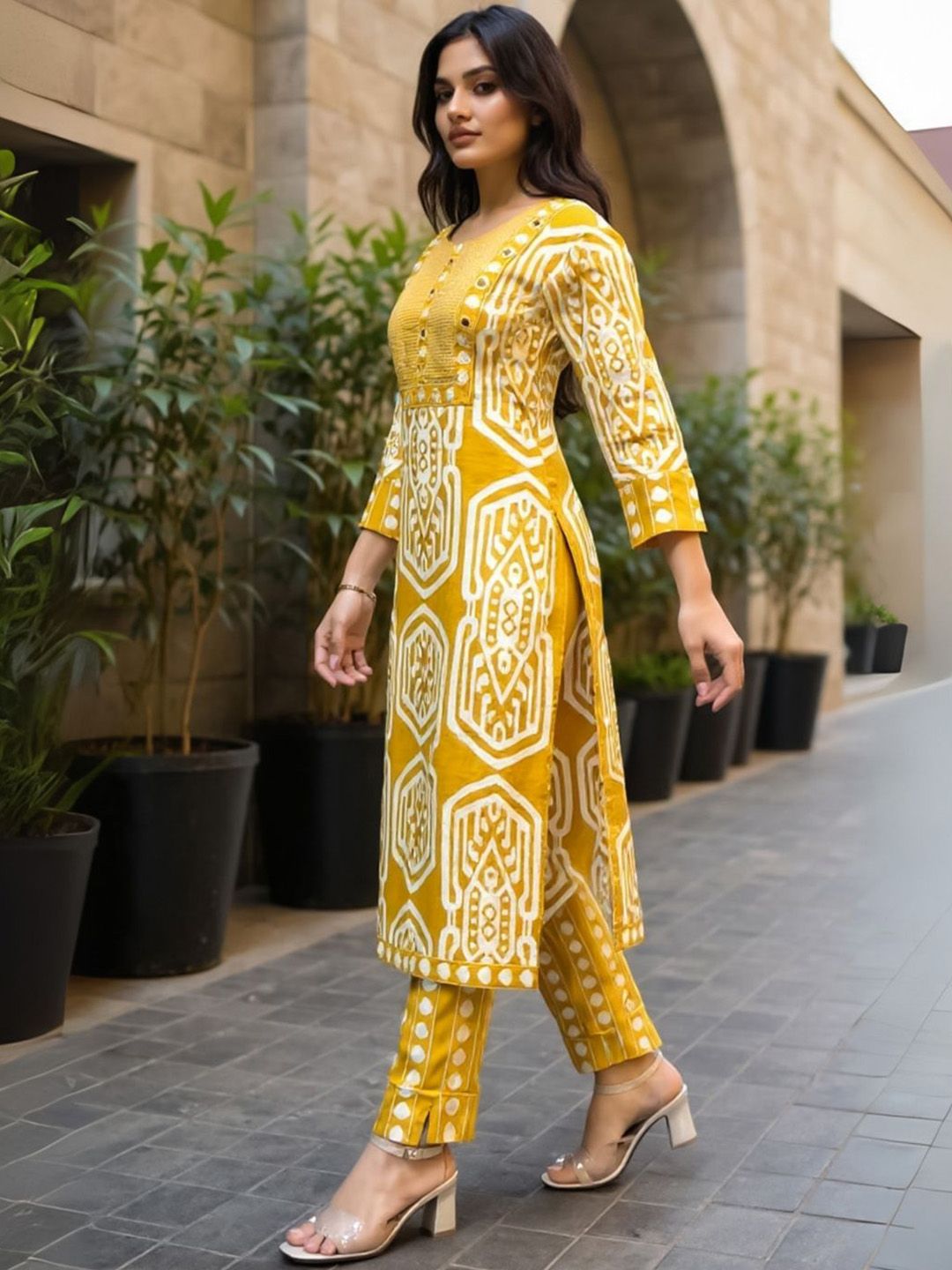 Ethnic Motifs Printed Mirror Work Pure Cotton Straight Kurta With Trousers