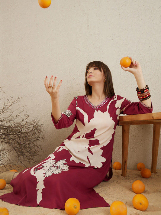 Dhiyona IE Floral Printed V-Neck Sequinned A-Line Kurta with Salwar