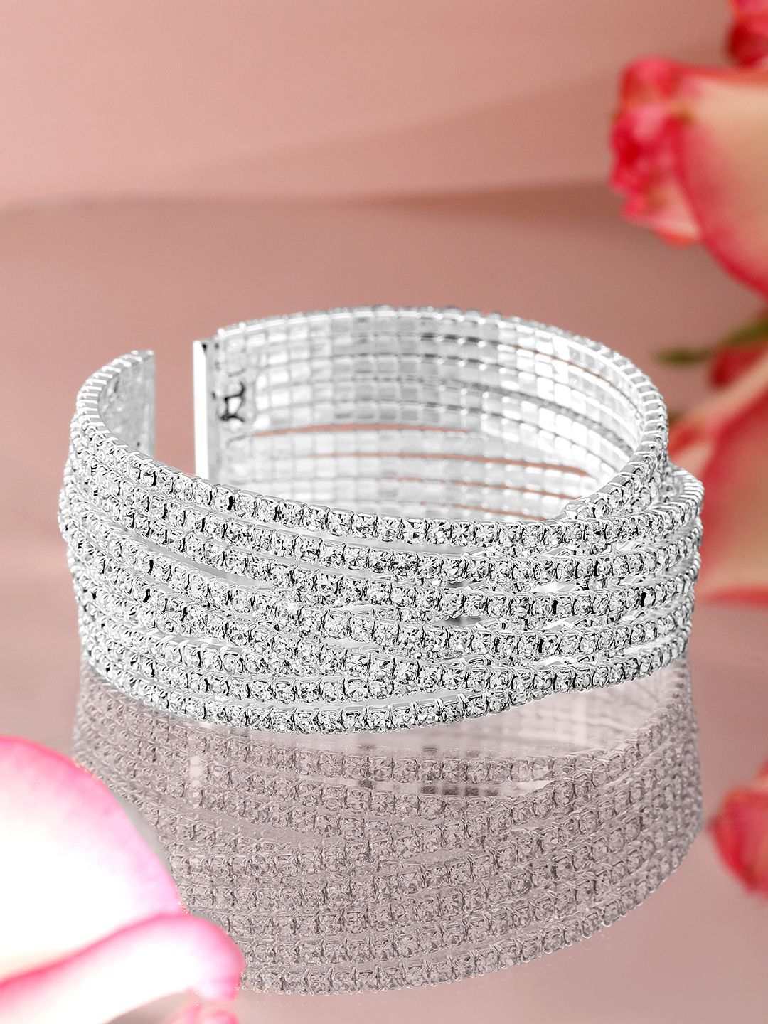 Dhiyona RJ Women's Rhodium-Plated Cubic Zirconia Stone Studded Cuff Openable Bracelet