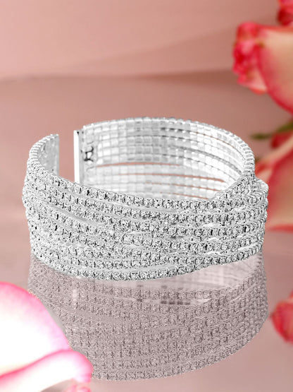 Dhiyona RJ Women's Rhodium-Plated Cubic Zirconia Stone Studded Cuff Openable Bracelet