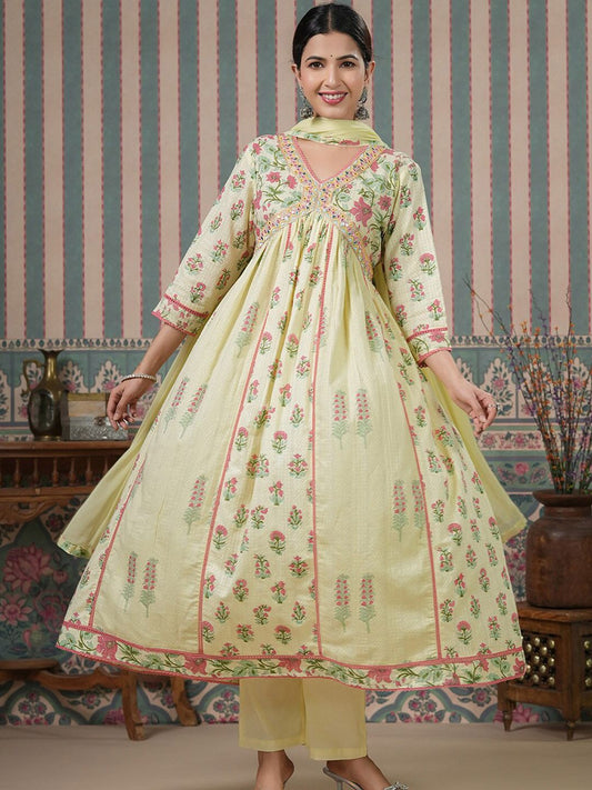 Dhiyona IS Women's Ethnic Motifs Embroidered Empire Mirror Work Anarkali Kurta With Trousers & Dupatta