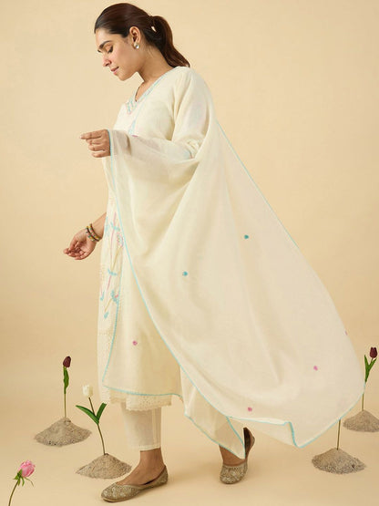 Women Ethnic Motifs Embroidered Thread Work Pure Cotton Kurta Trousers & Dupatta