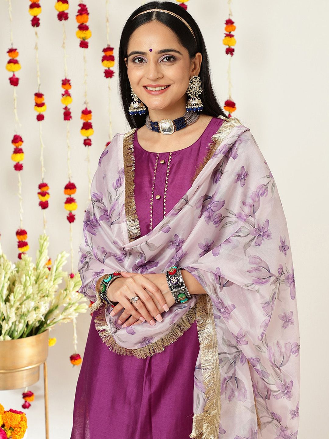 Dhiyona VA Women'sRound Neck Regular Kurta with Trousers & With Dupatta