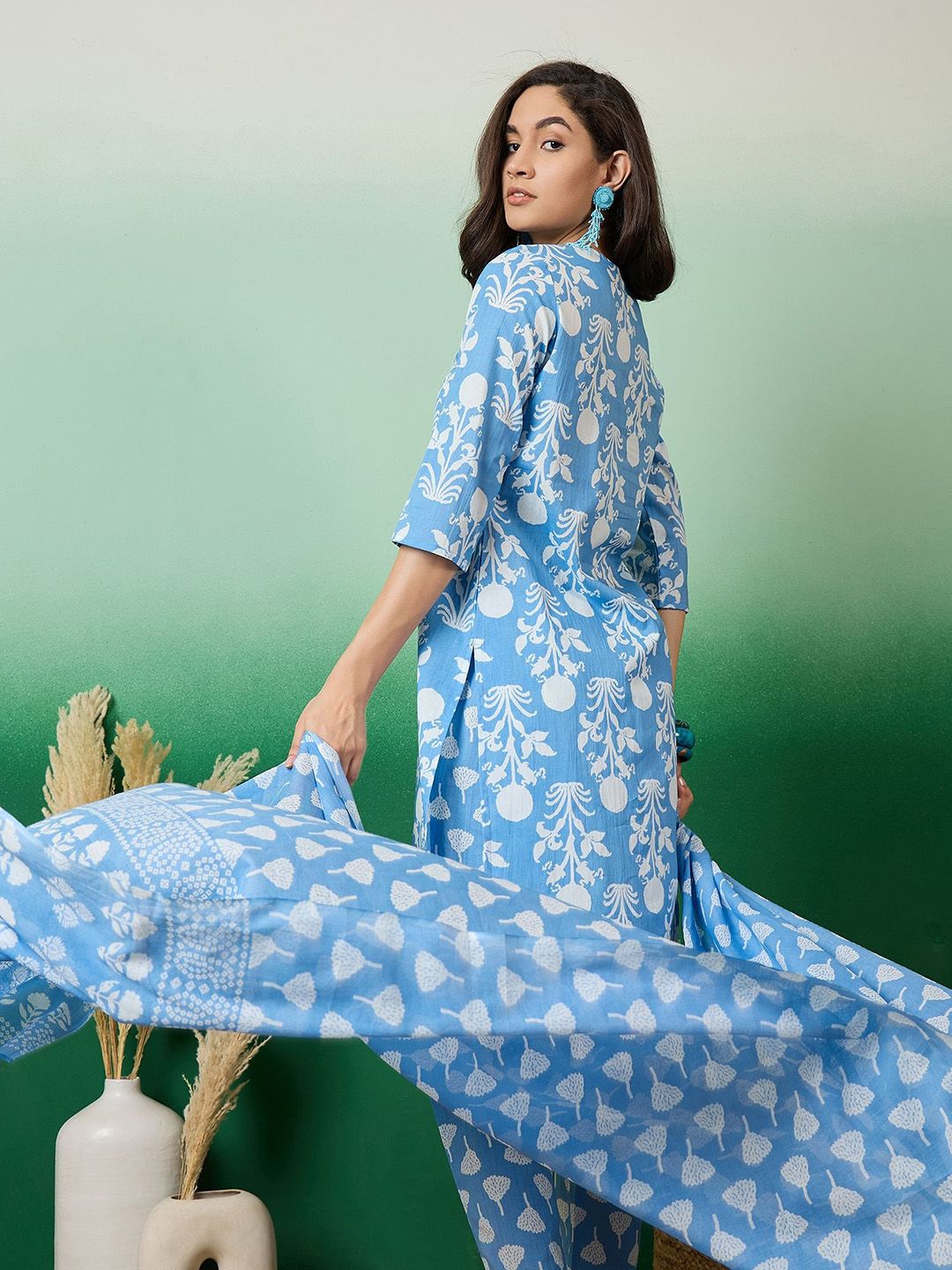 Dhiyona SN Women's Printed & Embroidered Pure Cotton Straight Kurta With Trouser & Dupatta Set