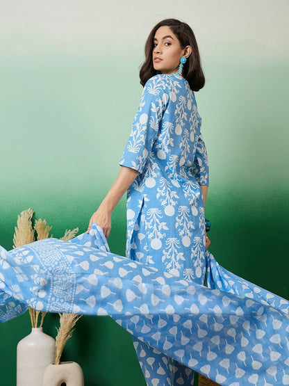 Dhiyona SN Women's Printed & Embroidered Pure Cotton Straight Kurta With Trouser & Dupatta Set