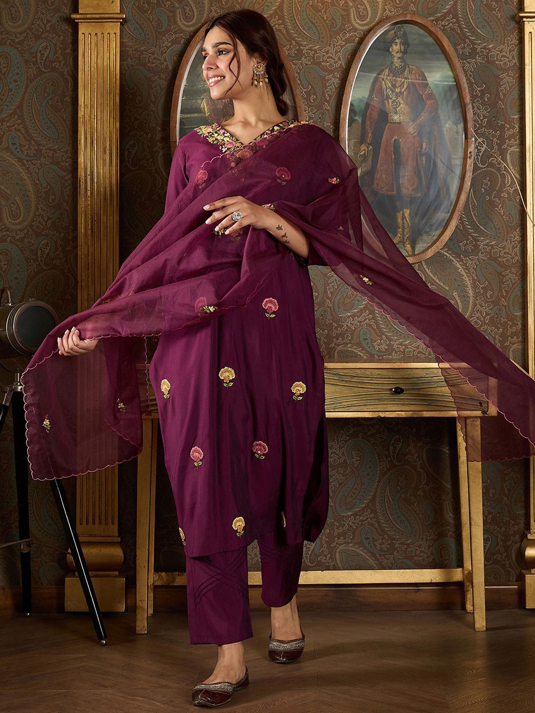 Floral Embroidered Thread Work Kurta With Trousers And Dupatta