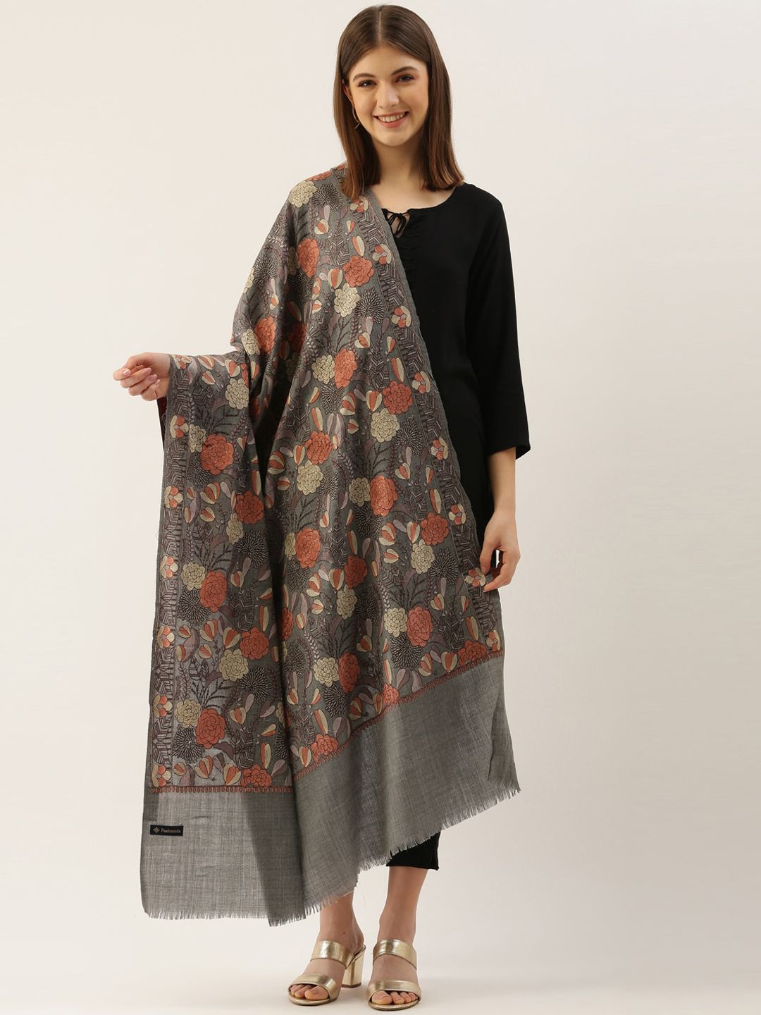 Dhiyona PA Women Grey & Peach-Coloured Embroidered Woolen Shawl