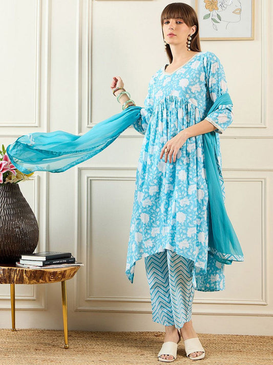 Dhiyona IE Floral Printed A-Line Mirror Work Pure Cotton Kurta with Trousers & Dupatta