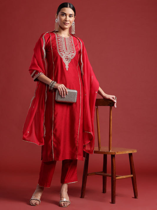 Ethnic Motifs Yoke Design Zari Panelled Liva Kurta With Trousers & Dupatta