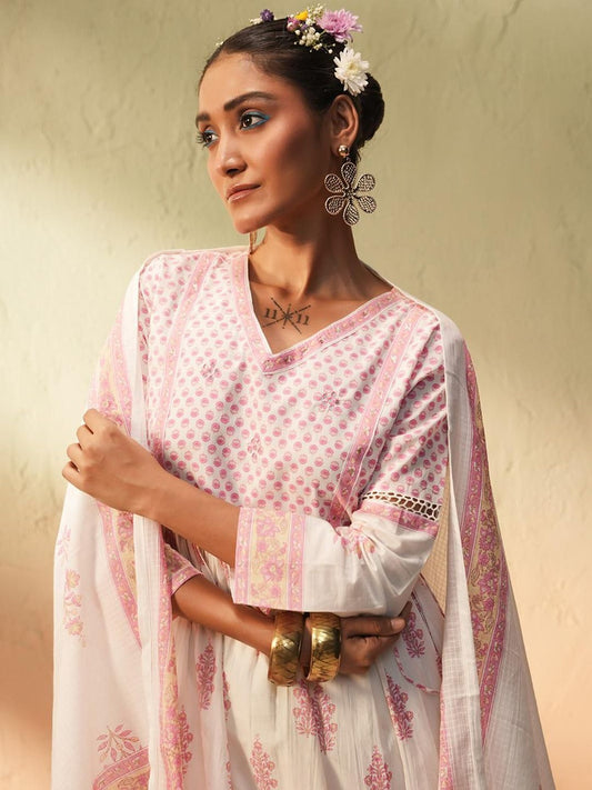 Dhiyona IS Women's Women Floral Printed Regular Pure Cotton Kurta With Trousers & Dupatta