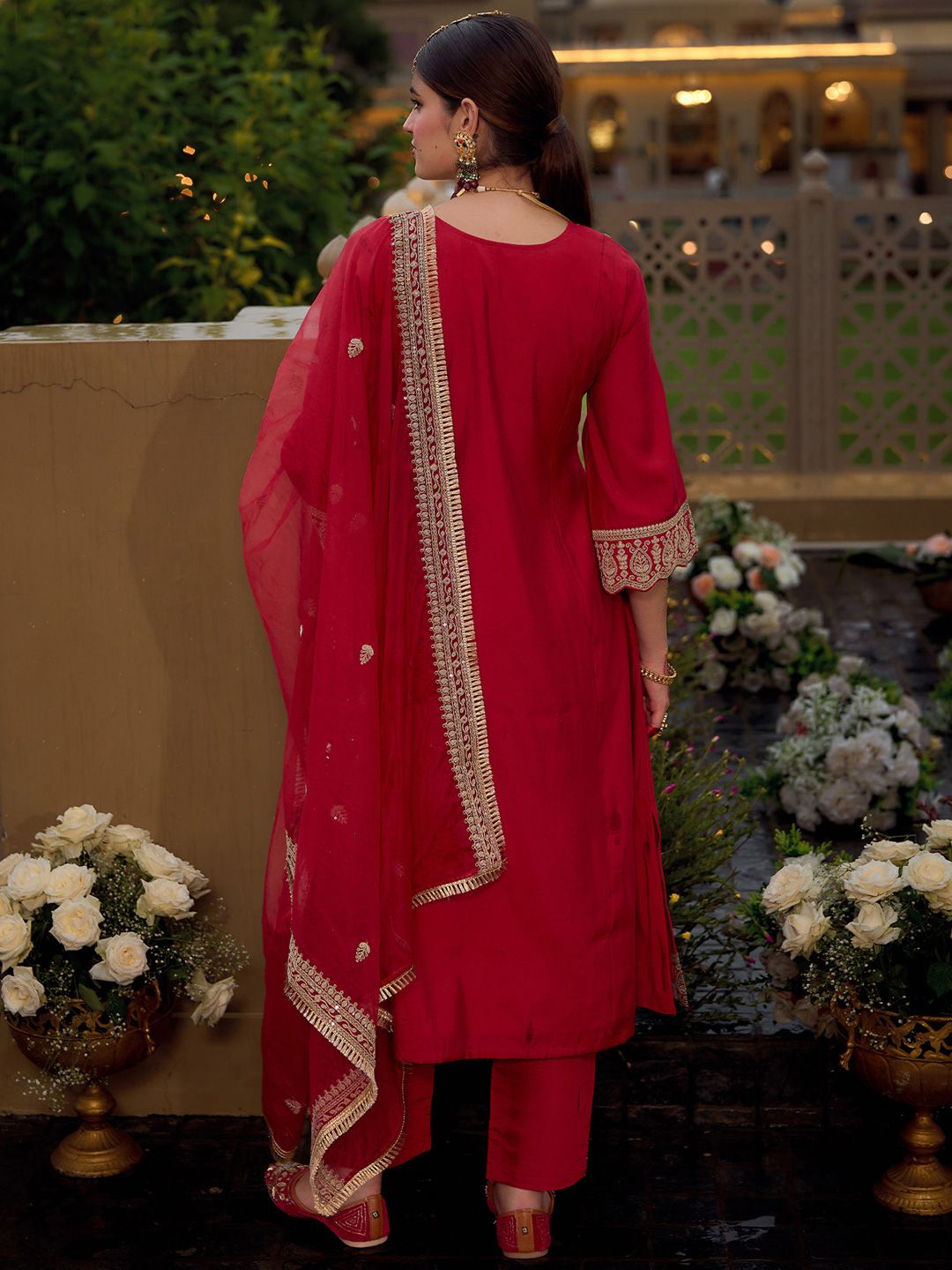 Ethnic Motifs Embroidered Panelled Kurta With Trousers & Dupatta