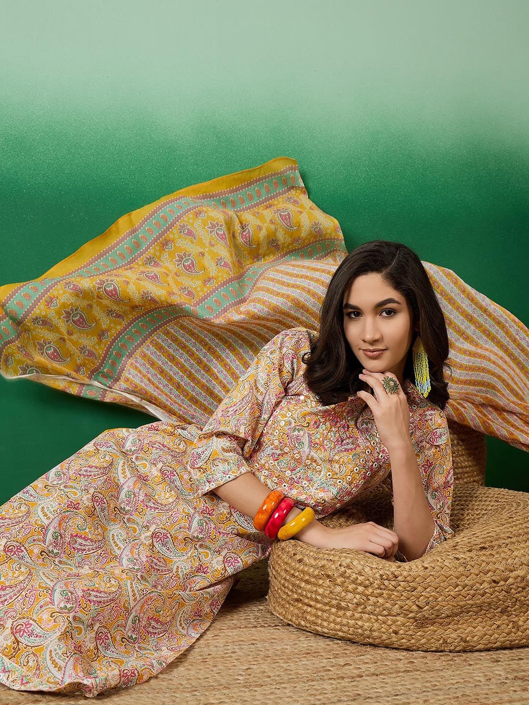 Dhiyona SN Women's Mustard Yellow Printed Pure Cotton Straight Kurta With Trousers & Dupatta
