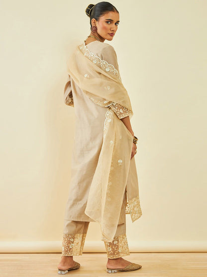 Dhiyona SO Women's Floral Embroidered Sequinned Chanderi Silk Straight Kurta With Trousers & Dupatta