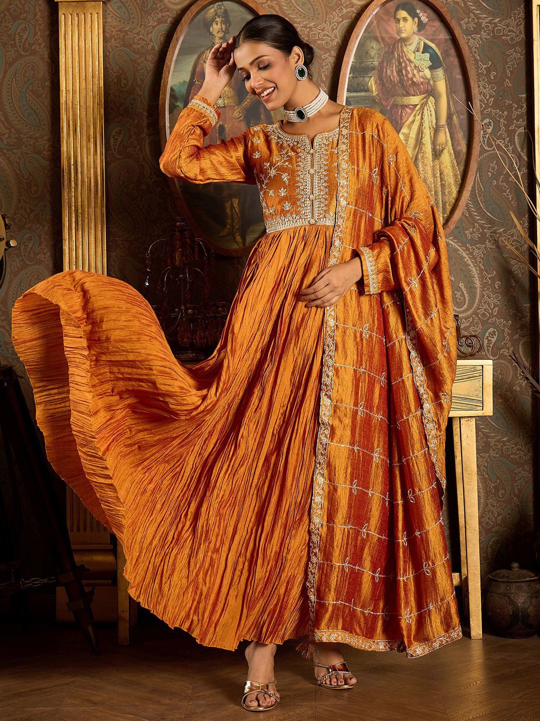 Floral Yoke Design Pleated Thread Work Anarkali Kurta With Trousers & Dupatta