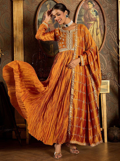 Floral Yoke Design Pleated Thread Work Anarkali Kurta With Trousers & Dupatta