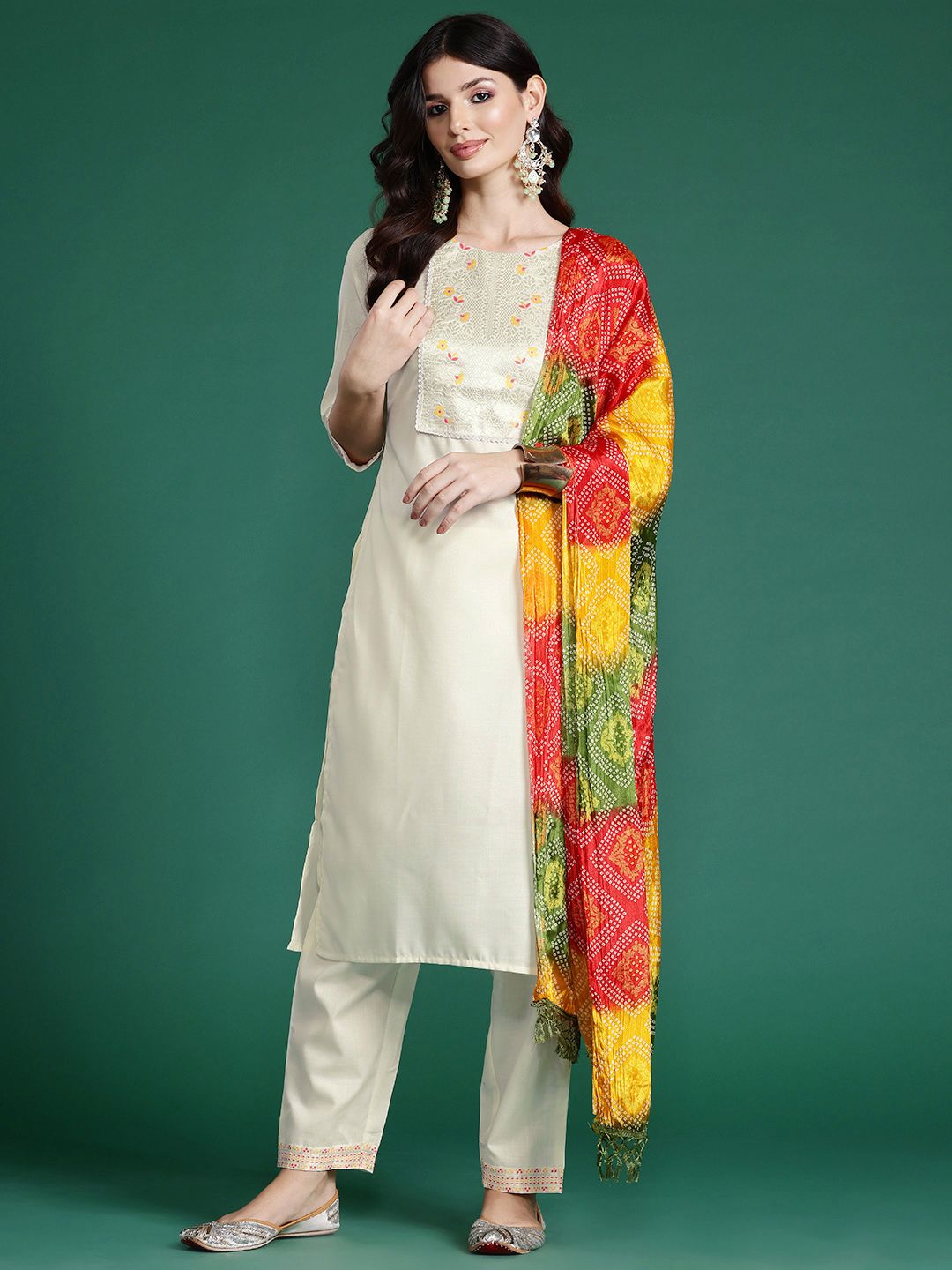 Dhiyona IE Floral Yoke Design Zari Pure Cotton Kurta With Trousers & Dupatta