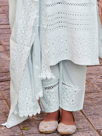 Floral Embroidered Thread Work Pure Cotton Straight Kurta With Trousers & Dupatta