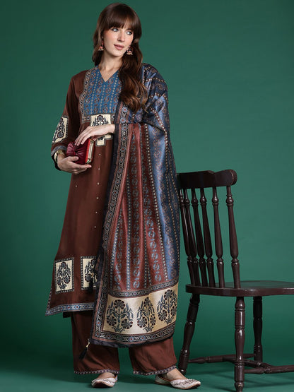 Ethnic Motifs Embroidered Thread Work Kurta with Palazzos & With Dupatta