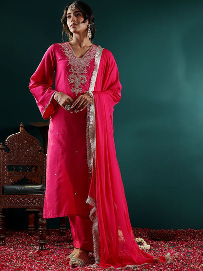 Dhiyona VA Women's Floral Embroidered Regular Kurta with Trousers & With Dupatta