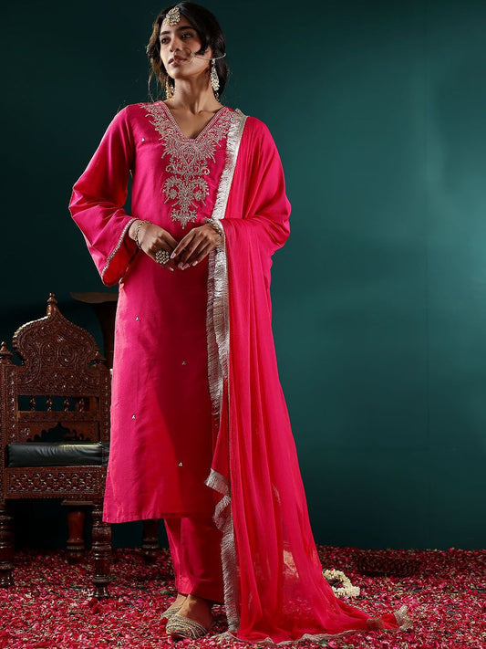 Dhiyona VA Women's Floral Embroidered Regular Kurta with Trousers & With Dupatta