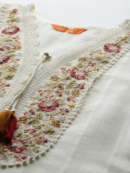 Floral Embroidered Regular Linen Kurta with Trousers & Dupatta