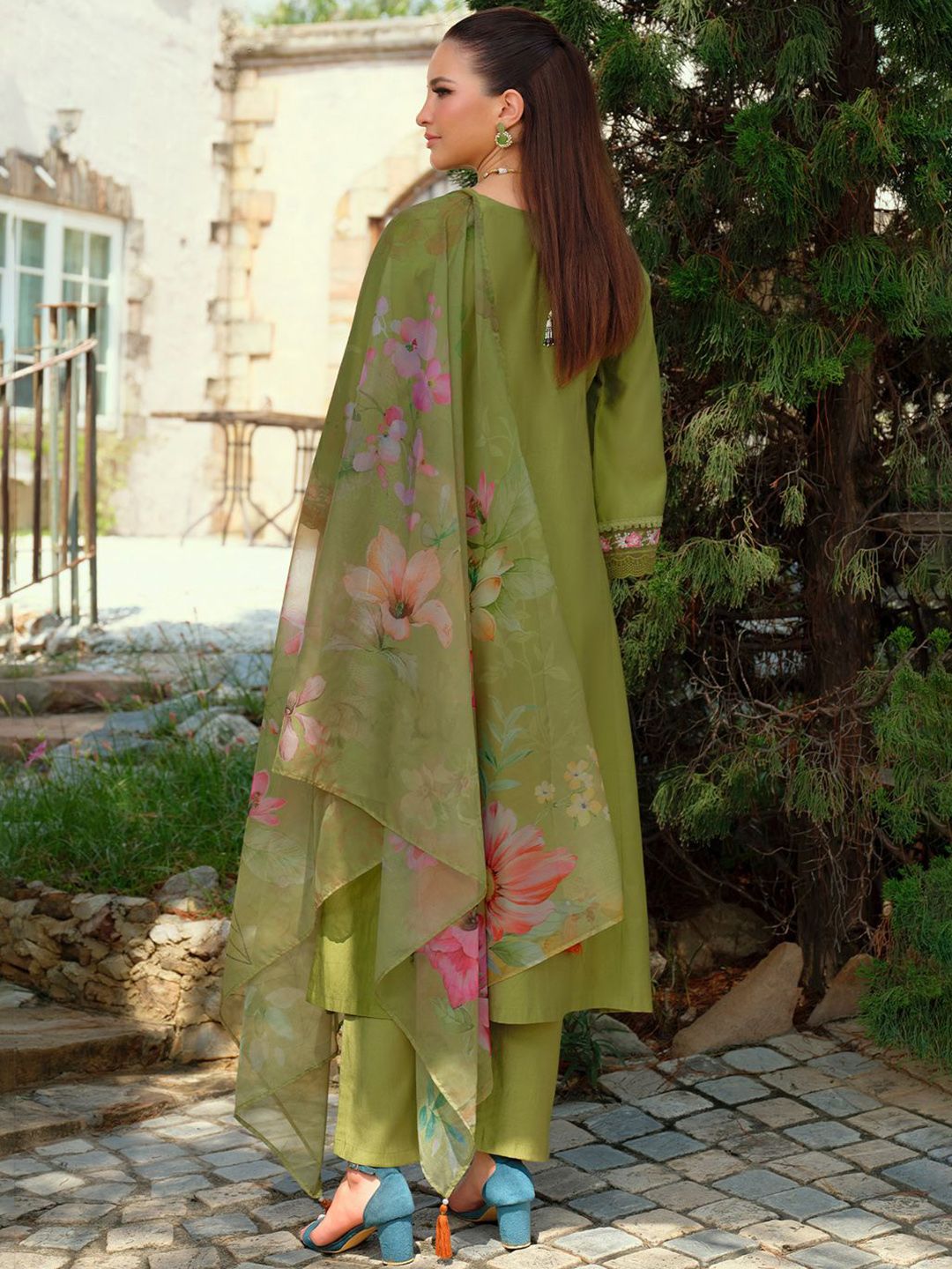 Floral Embroidered Tieup Neck Liva A-Line Kurta With Trousers & Dupatta