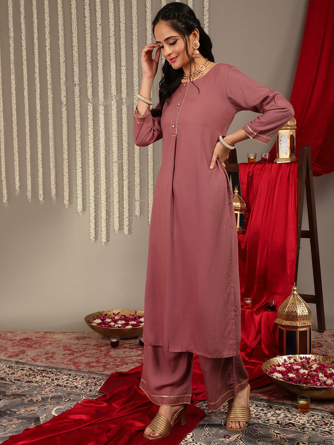 Dhiyona VA Women'sGotta Patti Detail Straight Kurta & Trousers With Dupatta