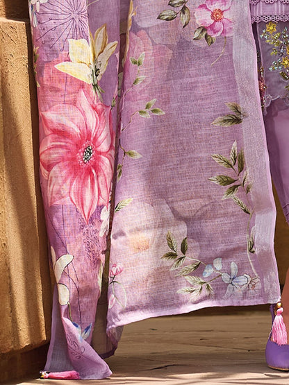 Women Floral Yoke Design Thread Work Linen Kurta with Trousers & With Dupatta