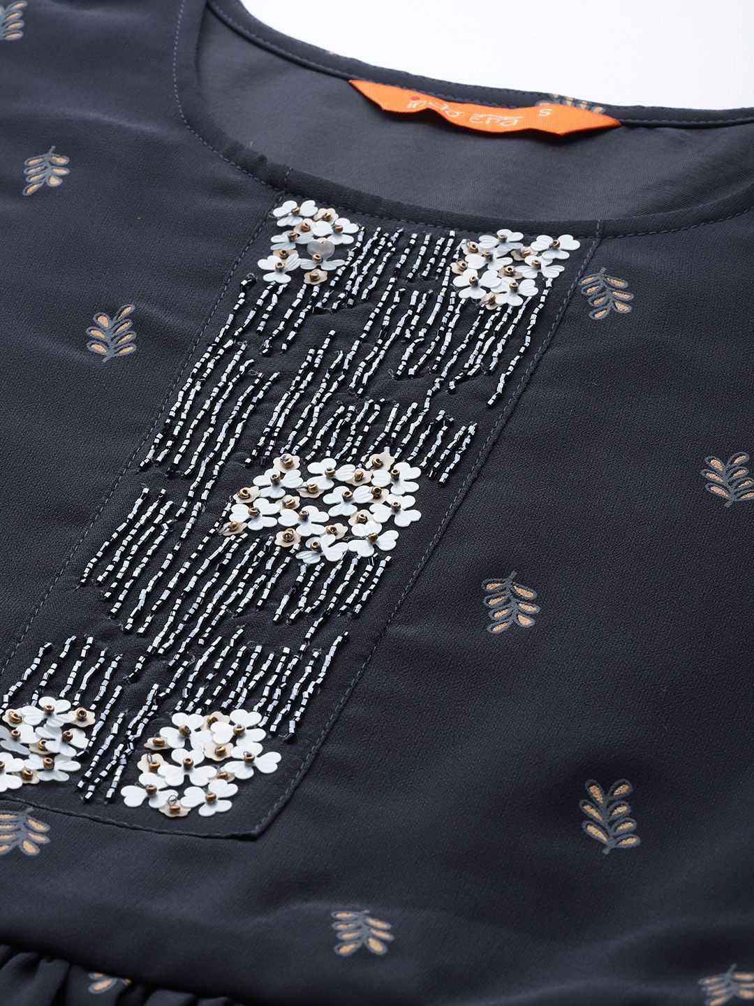 Women Navy Blue Printed Pleated Beads and Stones Kurta with Sharara