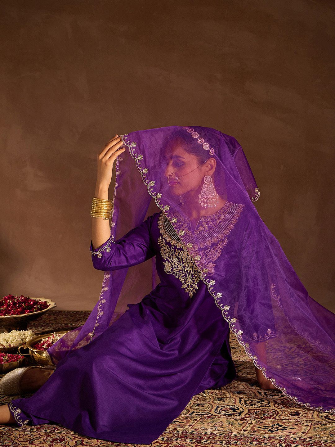 Dhiyona IE Purple Ethnic Motifs Zari Embroidered Kurta with Trousers & With Dupatta