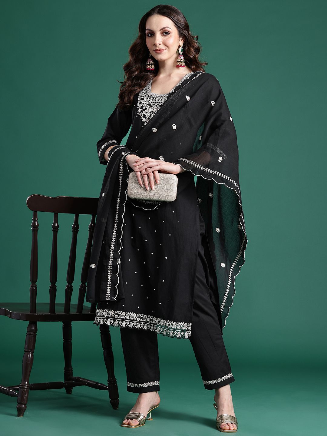 Dhiyona IE Floral Embroidered Sequinned Pure Cotton Kurta with Trousers & With Dupatta