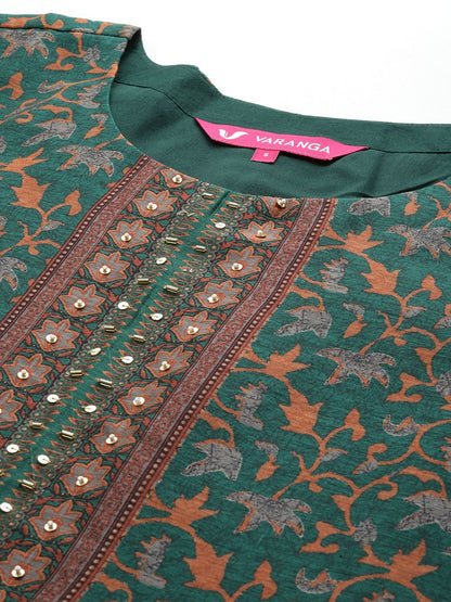 Dhiyona VA Women'sEthnic Motifs Printed Sequinned Chanderi Cotton Kurta with Trousers & Dupatta