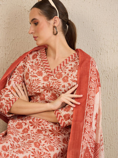 Dhiyona IE Floral Printed Gotta Patti Pure Cotton Straight Kurta With Trousers & Dupatta