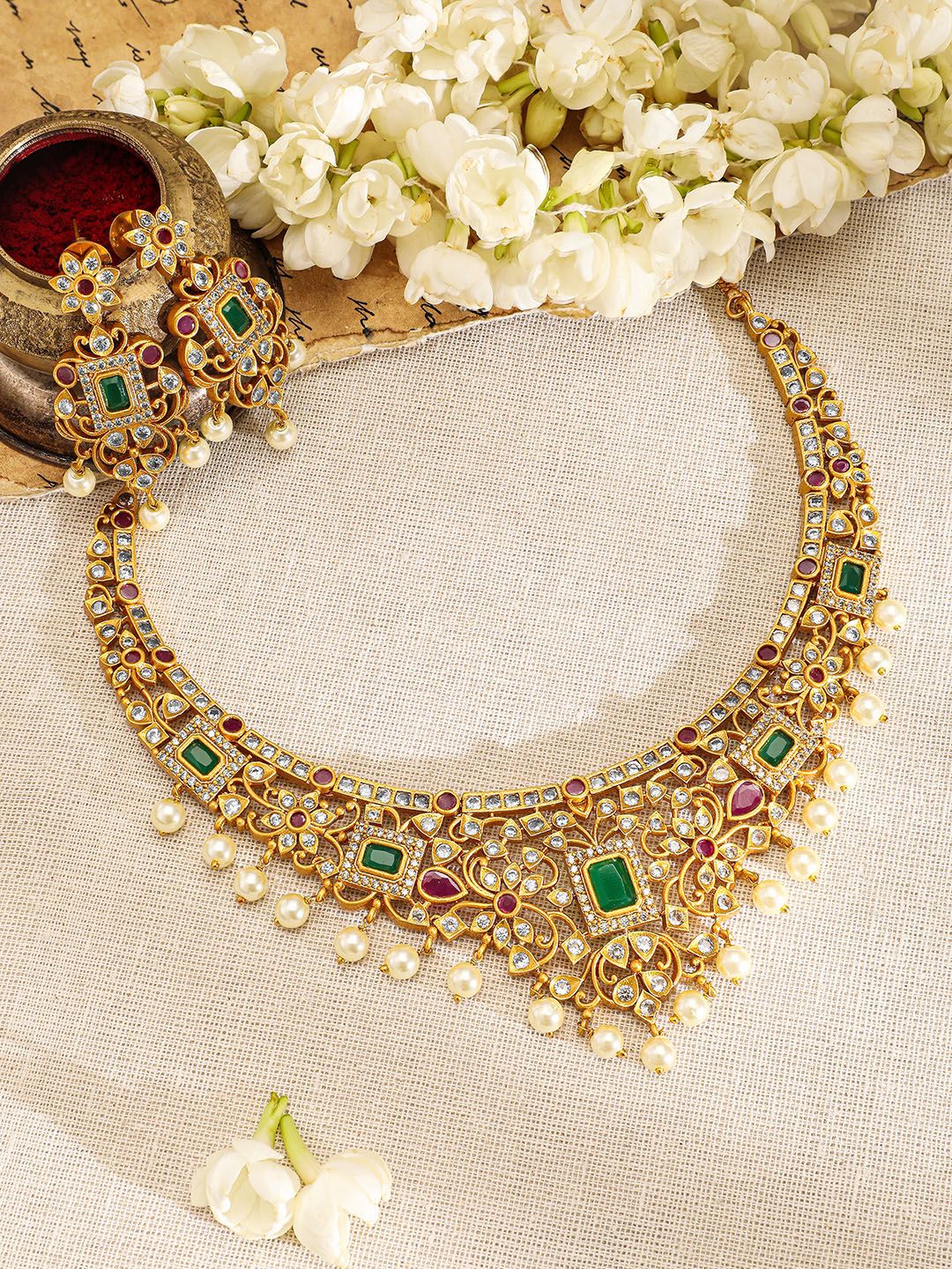 Dhiyona RJ Women's 22K Gold Plated Ruby & Emerald Kundan CZ Studded with Gold Beaded Jewellery Set