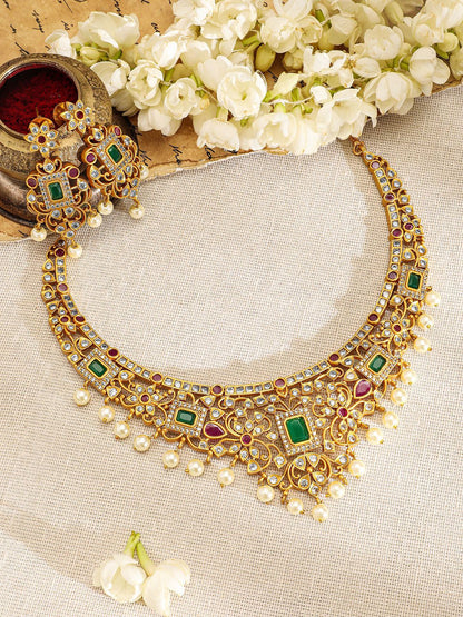 Dhiyona RJ Women's 22K Gold Plated Ruby & Emerald Kundan CZ Studded with Gold Beaded Jewellery Set
