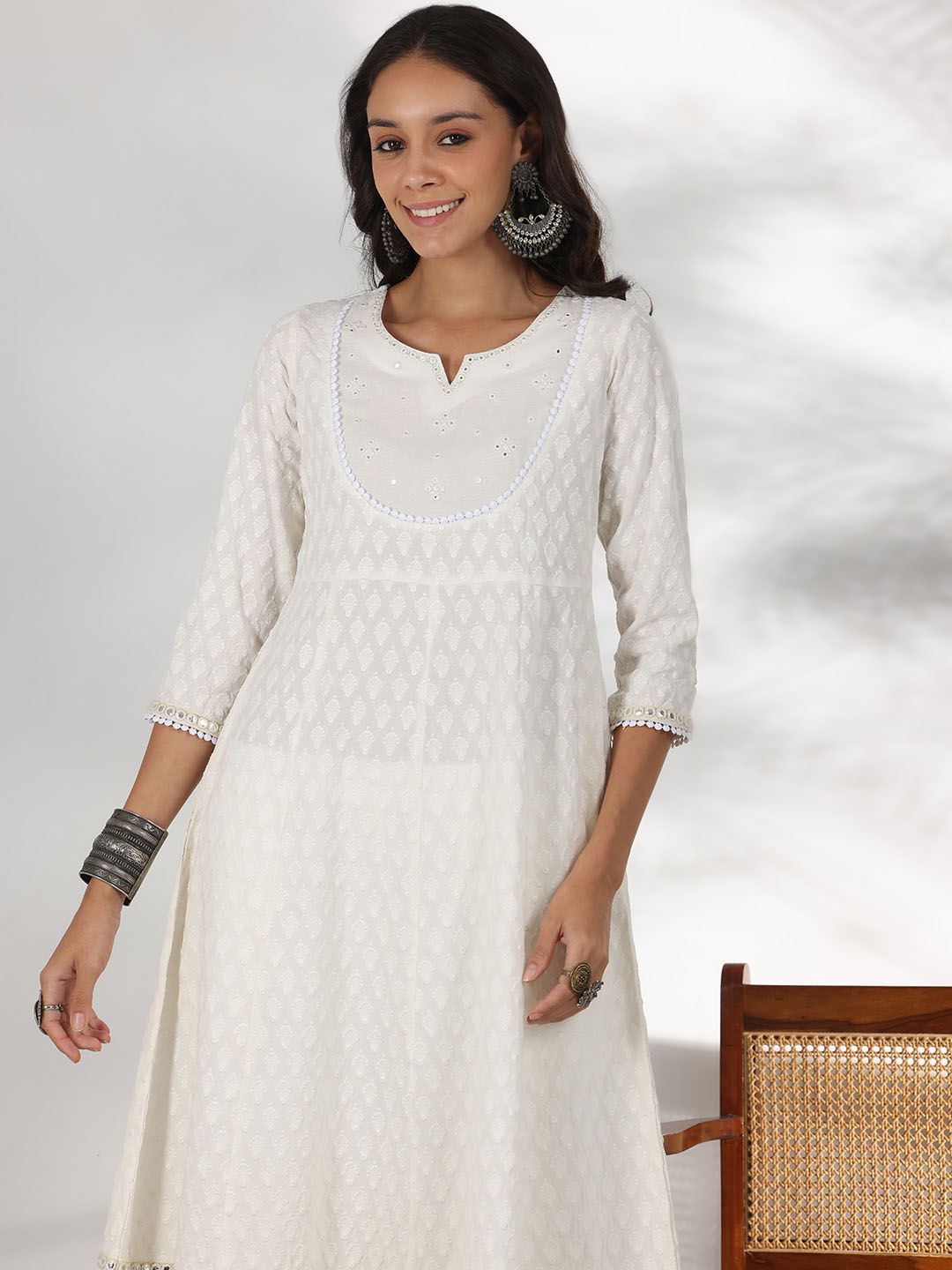 Dhiyona LB Women's Embroidered Mirror Work Pure Cotton Anarkali Kurta With Palazzo & Dupatta