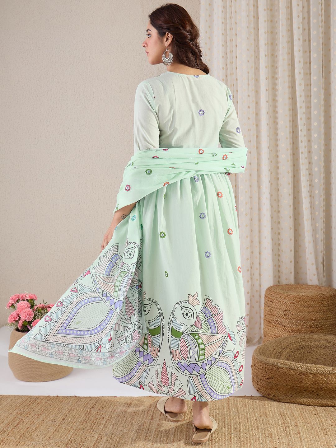 Ethnic Motifs Printed Pure Cotton A-Line Kurta With Trouser & Dupatta