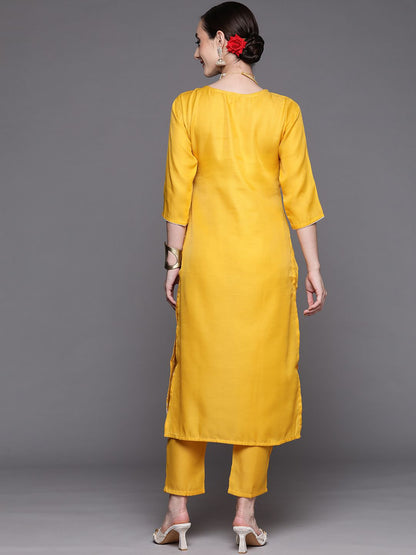 Women Mustard Yellow & White Embroidered Sequinned Kurta with Trousers