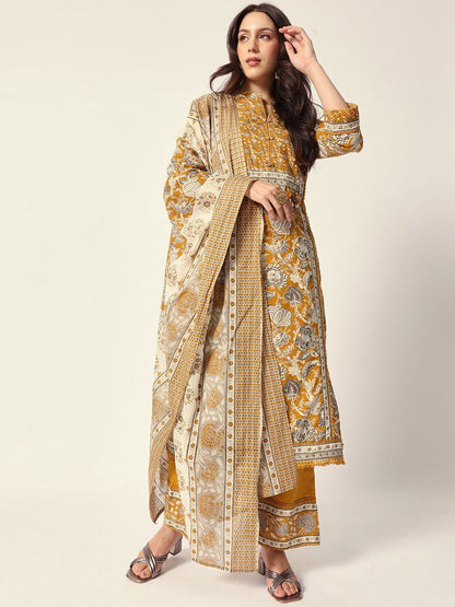Dhiyona IS Women's Women Floral Printed Regular Pure Cotton Kurta with Trousers & With Dupatta