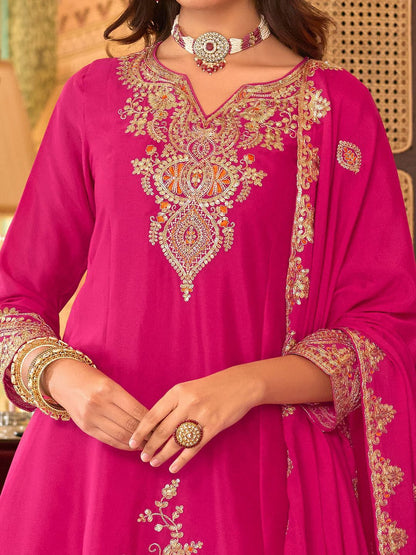 Floral Embroidered Sequinned Chinon A-Line Kurta With Palazzos & Dupatta